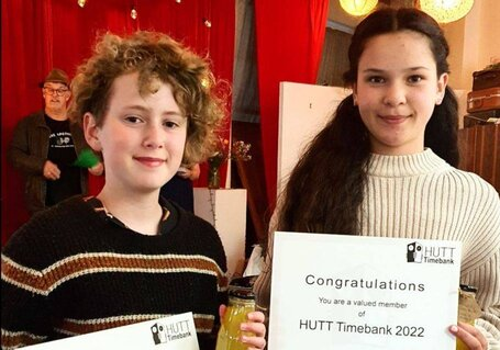 Hutt Timebank's youngest members with certificates thanking them for their valuable contribution to our community 